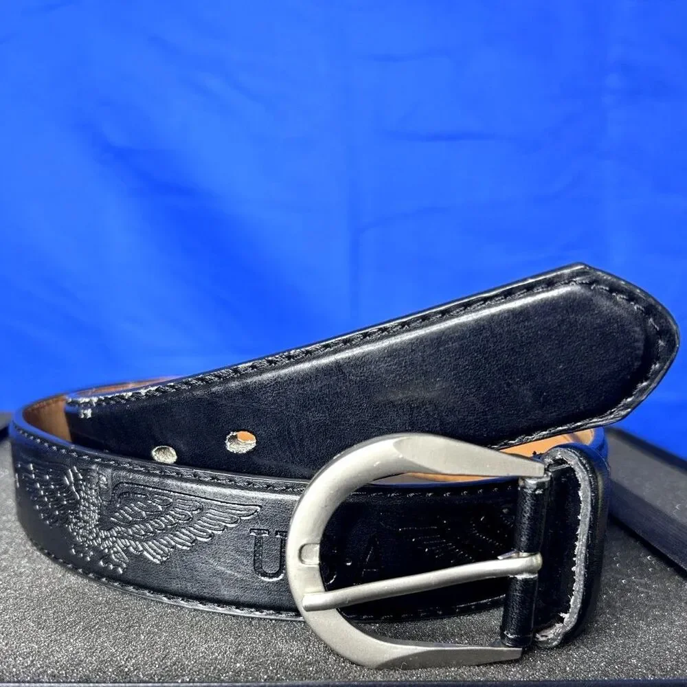 Womens Black Genuine Leather Belt Sz L 30-40 USA Eagle Classic Casual Patriotic